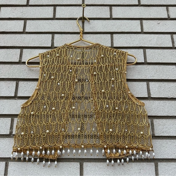 Vintage Saks Fifth Avenue Gold Mesh Pearl Rhinestone Beaded Sheer Vest Topper XS - Picture 9 of 12